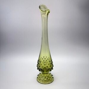 Vintage 1960s Fenton Green Hobnail Swung Glass Vase 9" Tall MCM
